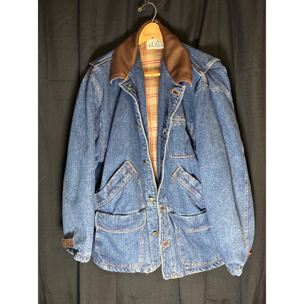 Ash Creek Trading Mens Blue Denim Barn Jacket Flannel Lined Brown Leather Collar
